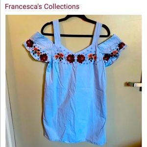 Francesca’s Miami, Light Blue Embroidered Floral Dress, size Lg.